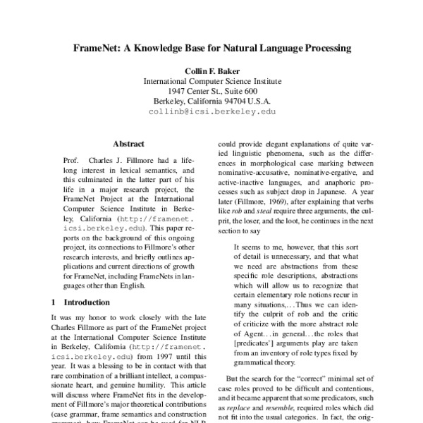 FrameNet: A Knowledge Base for Natural Language Processing - ACL Anthology