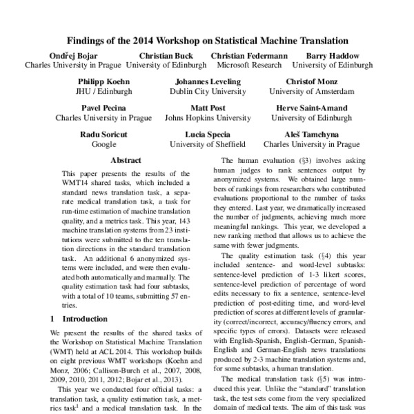 Findings of the 2014 Workshop on Statistical Machine Translation - ACL ...