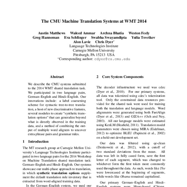 The CMU Machine Translation Systems at WMT 2014 - ACL Anthology