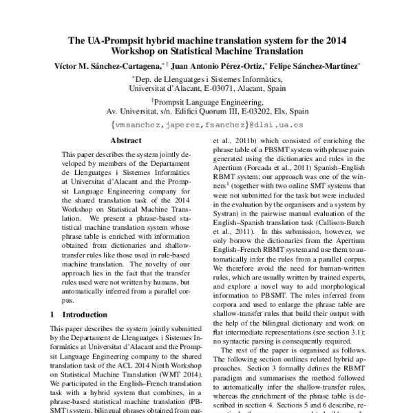 The UA-Prompsit hybrid machine translation system for the 2014 Workshop ...
