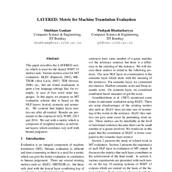 LAYERED: Metric for Machine Translation Evaluation - ACL Anthology