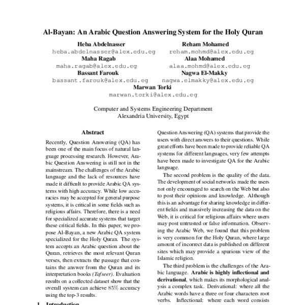 Al-Bayan: An Arabic Question Answering System for the Holy Quran - ACL Anthology