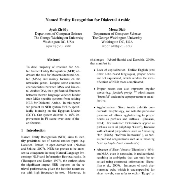 Named Entity Recognition System for Dialectal Arabic - ACL Anthology