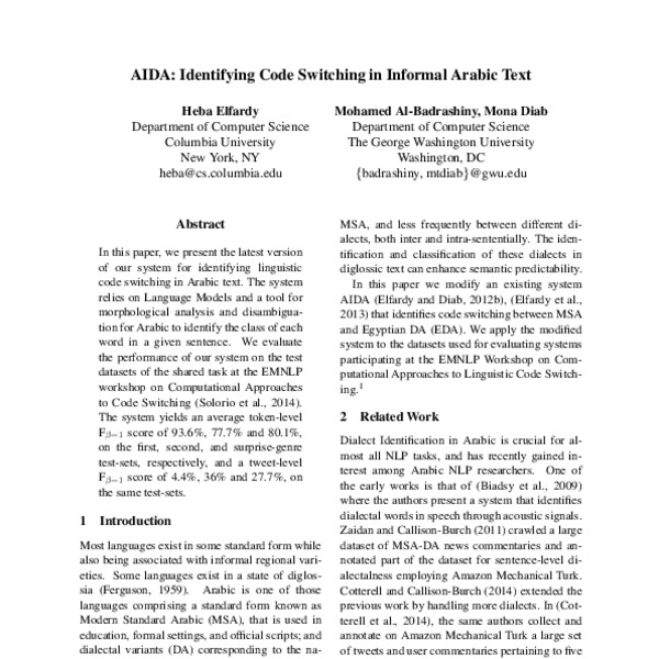AIDA: Identifying Code Switching in Informal Arabic Text - ACL Anthology