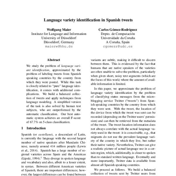 Language variety identification in Spanish tweets - ACL Anthology