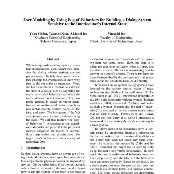 User Modeling by Using Bag-of-Behaviors for Building a Dialog System ...