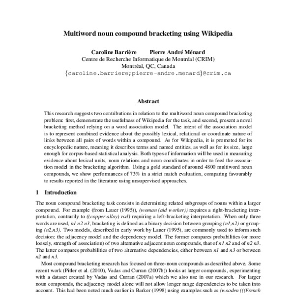 Multiword noun compound bracketing using Wikipedia - ACL Anthology