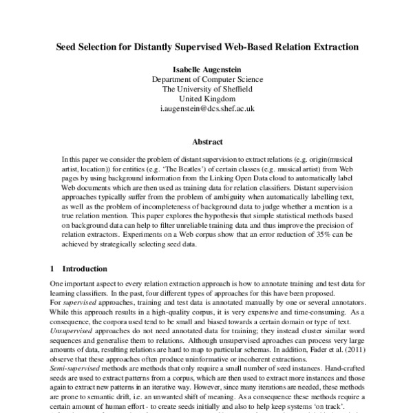 Seed Selection for Distantly Supervised Web-Based Relation Extraction ...