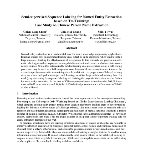 Semi-supervised Sequence Labeling for Named Entity Extraction based on ...