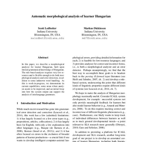 Automatic morphological analysis of learner Hungarian - ACL Anthology