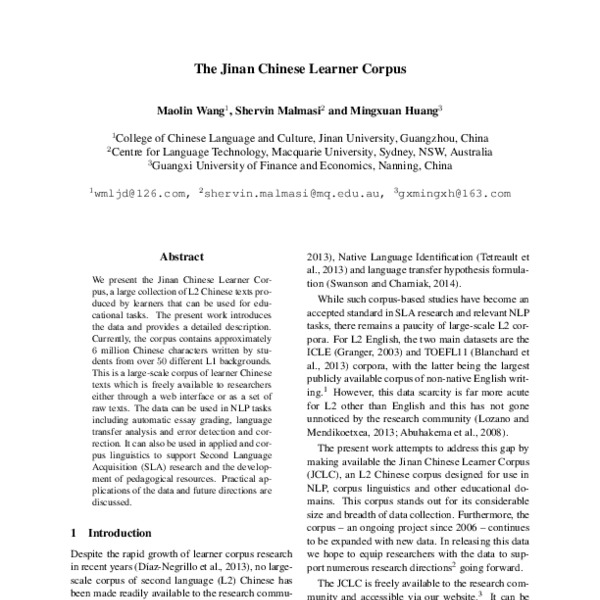 The Jinan Chinese Learner Corpus - ACL Anthology