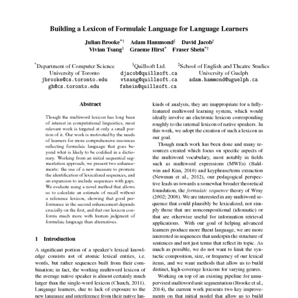 Building a Lexicon of Formulaic Language for Language Learners - ACL ...