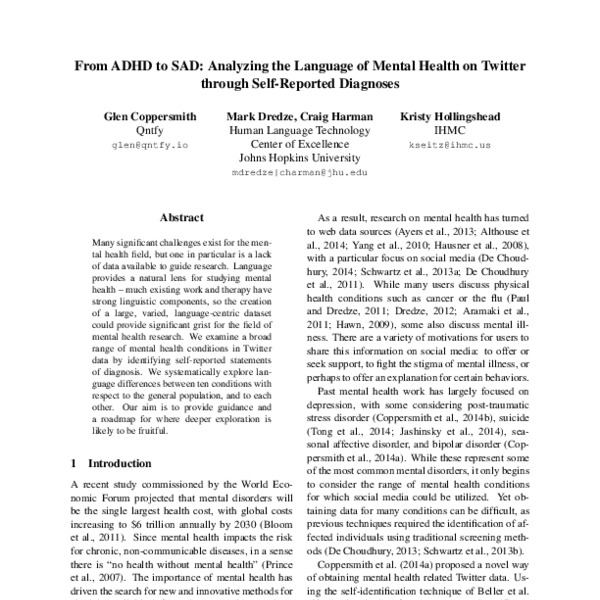 From ADHD to SAD: Analyzing the Language of Mental Health on Twitter ...
