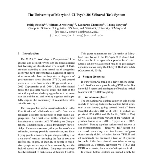 The University of Maryland CLPsych 2015 Shared Task System - ACL Anthology
