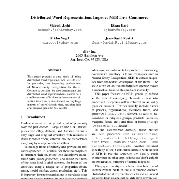 Distributed Word Representations Improve NER for e-Commerce - ACL Anthology