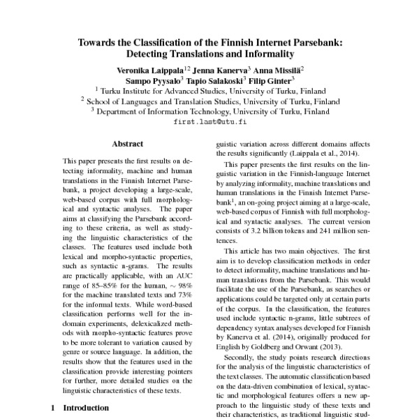 Towards the Classification of the Finnish Internet Parsebank: Detecting  Translations and Informality - ACL Anthology