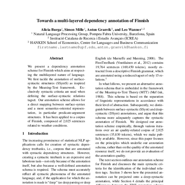 Towards a multi-layered dependency annotation of Finnish - ACL Anthology