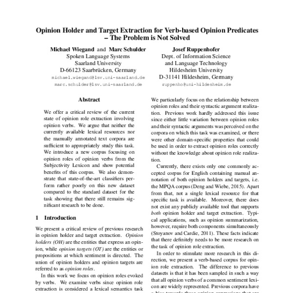 Opinion Holder and Target Extraction for Verb-based Opinion Predicates ...
