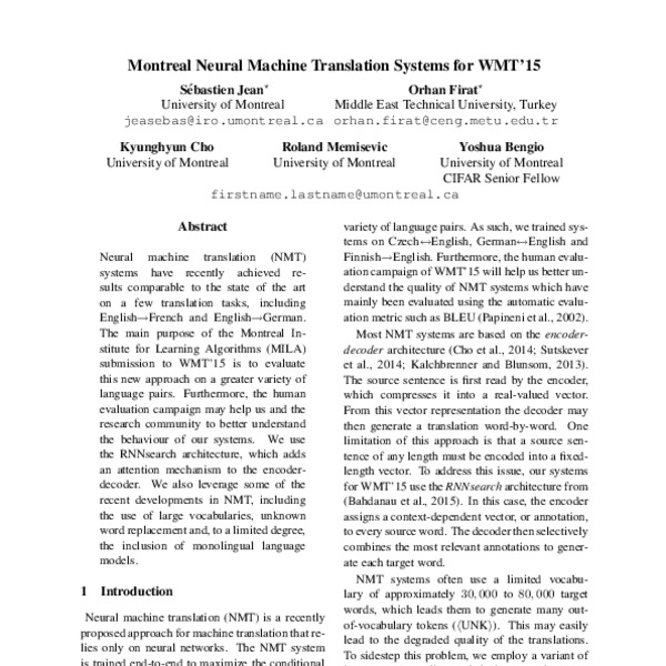 Montreal Neural Machine Translation Systems for WMT’15 - ACL Anthology