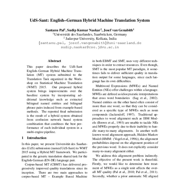 UdS-Sant: English–German Hybrid Machine Translation System - ACL Anthology