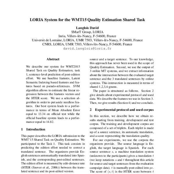 LORIA System for the WMT15 Quality Estimation Shared Task - ACL Anthology