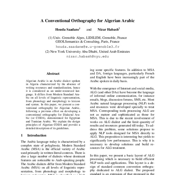 A Conventional Orthography for Algerian Arabic - ACL Anthology