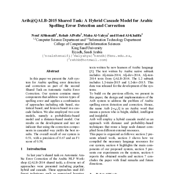 Arib@QALB-2015 Shared Task: A Hybrid Cascade Model for Arabic Spelling ...
