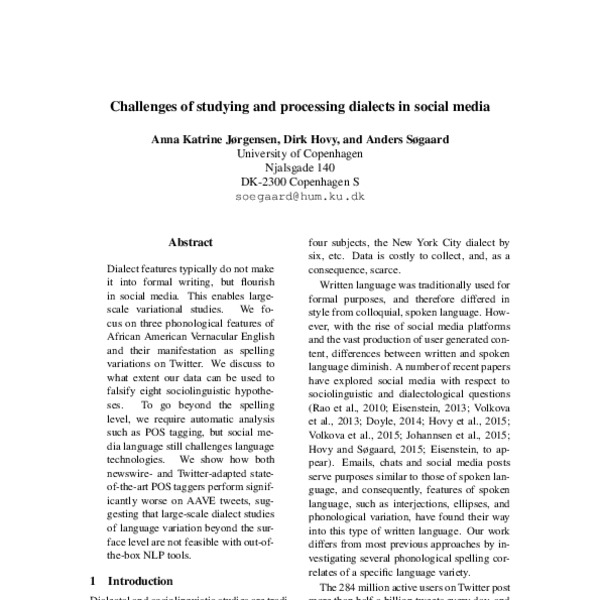 Challenges of studying and processing dialects in social media - ACL ...