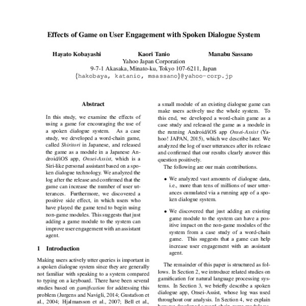 Effects of Game on User Engagement with Spoken Dialogue System - ACL ...