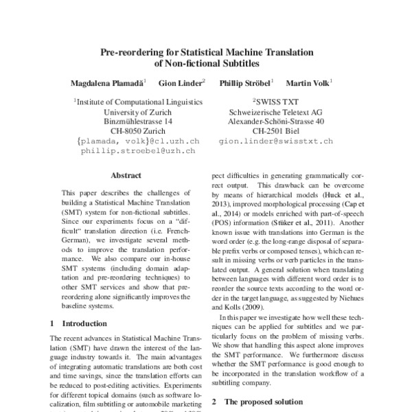 Pre-reordering for Statistical Machine Translation of Non-fictional ...