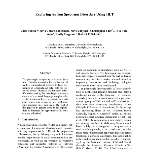 Exploring Autism Spectrum Disorders Using HLT - ACL Anthology