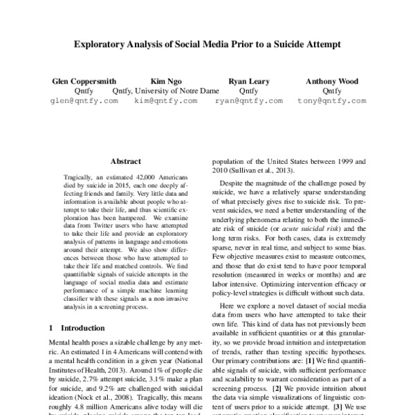 Exploratory Analysis of Social Media Prior to a Suicide Attempt - ACL ...