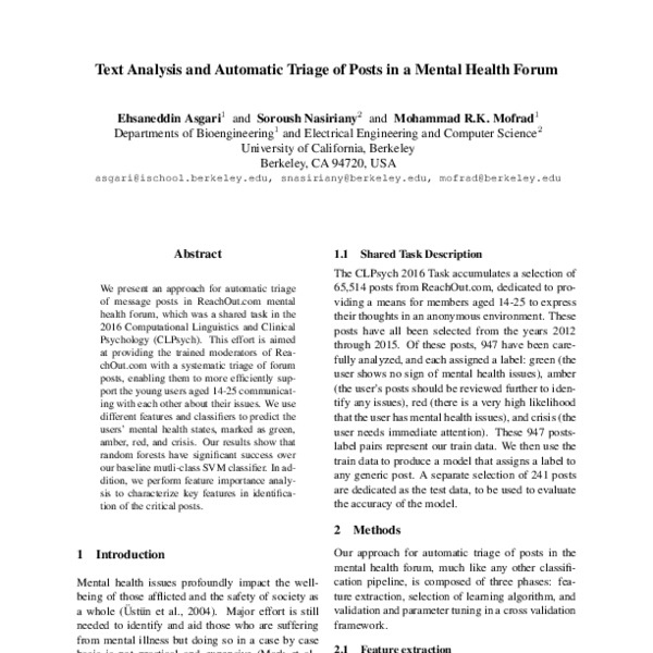 Visual for Text Analysis and Automatic Triage of Posts in a Mental Health Forum