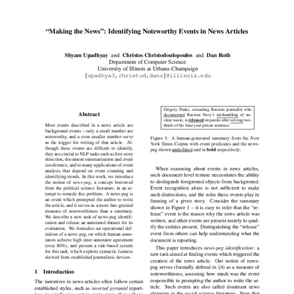 “Making the News”: Identifying Noteworthy Events in News Articles - ACL ...