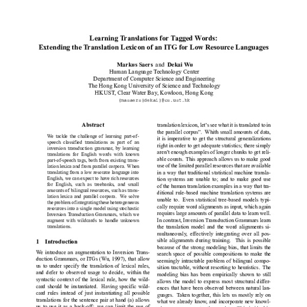Learning Translations For Tagged Words Extending The Translation Lexicon Of An ITG For Low