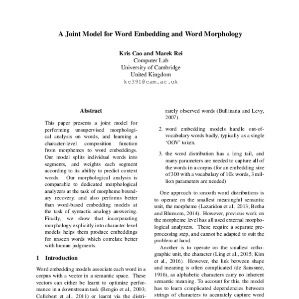 A Joint Model for Word Embedding and Word Morphology - ACL Anthology