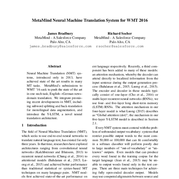 MetaMind Neural Machine Translation System for WMT 2016 - ACL Anthology