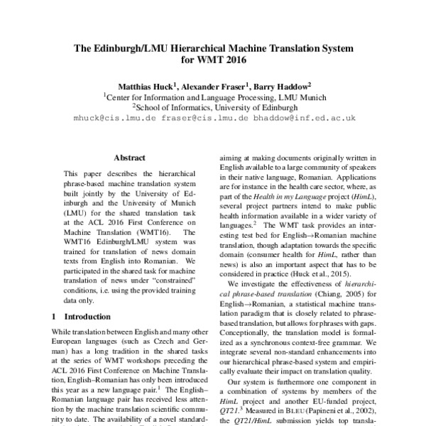 The Edinburgh/LMU Hierarchical Machine Translation System for WMT 2016 ...