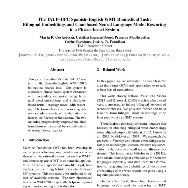 The TALP–UPC Spanish–English WMT Biomedical Task: Bilingual Embeddings ...