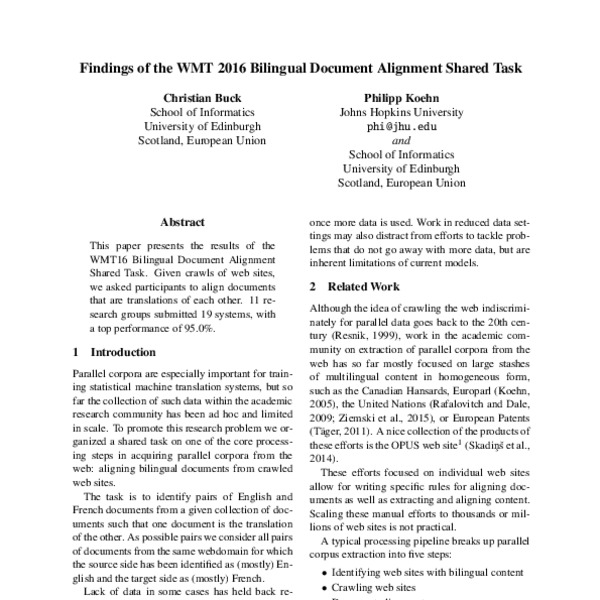 Findings of the WMT 2016 Bilingual Document Alignment Shared Task - ACL ...