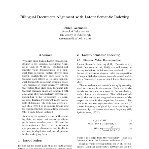 Bilingual Document Alignment With Latent Semantic Indexing Acl Anthology