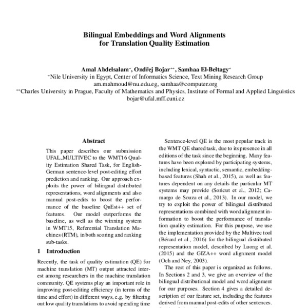 Bilingual Embeddings and Word Alignments for Translation Quality ...