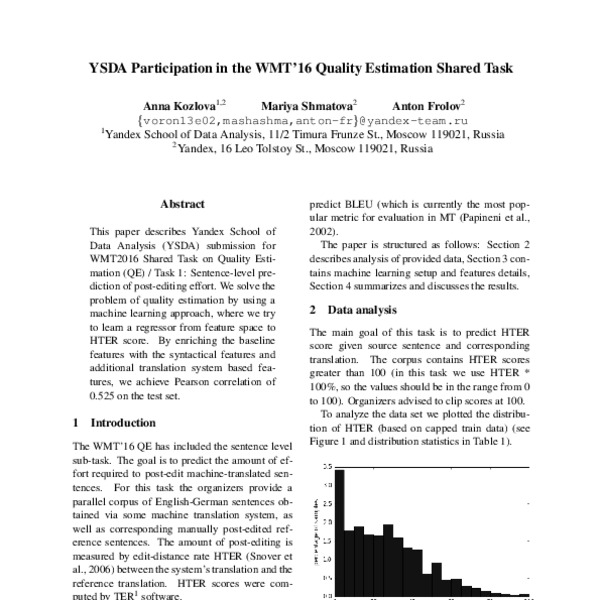 YSDA Participation in the WMT’16 Quality Estimation Shared Task - ACL ...