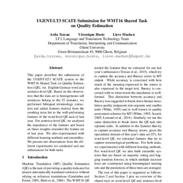 UGENT-LT3 SCATE Submission for WMT16 Shared Task on Quality Estimation ...
