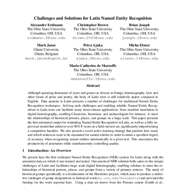 Challenges and Solutions for Latin Named Entity Recognition - ACL Anthology