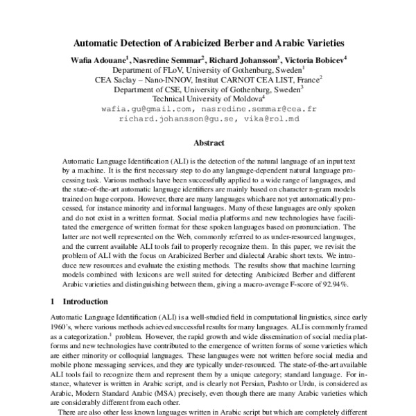 Automatic Detection of Arabicized Berber and Arabic Varieties - ACL ...