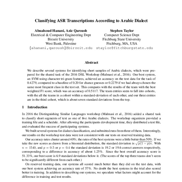 Classifying ASR Transcriptions According to Arabic Dialect - ACL Anthology