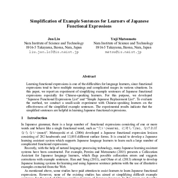Simplification Of Example Sentences For Learners Of Japanese Functional Expressions ACL Anthology