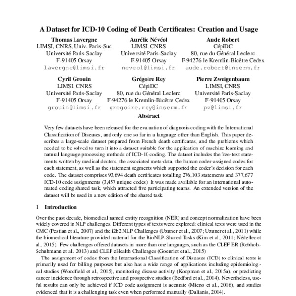 A Dataset for ICD 10 Coding of Death Certificates: Creation and Usage