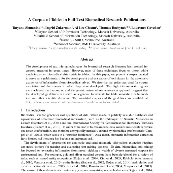 A Corpus of Tables in Full-Text Biomedical Research Publications - ACL ...